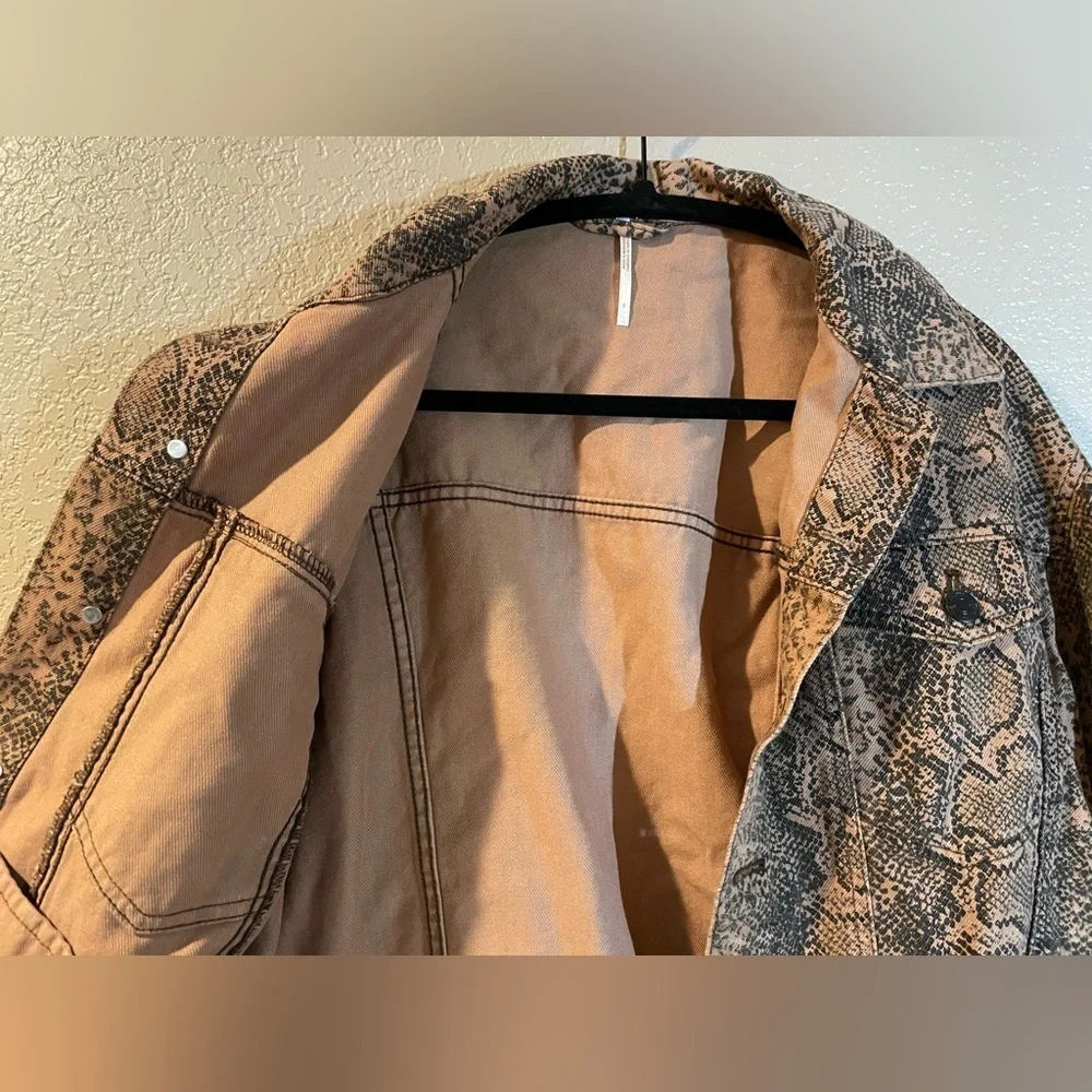 Free People Black and Tan Snakeskin Patterned Denim Jacket - Picture 3 of 6
